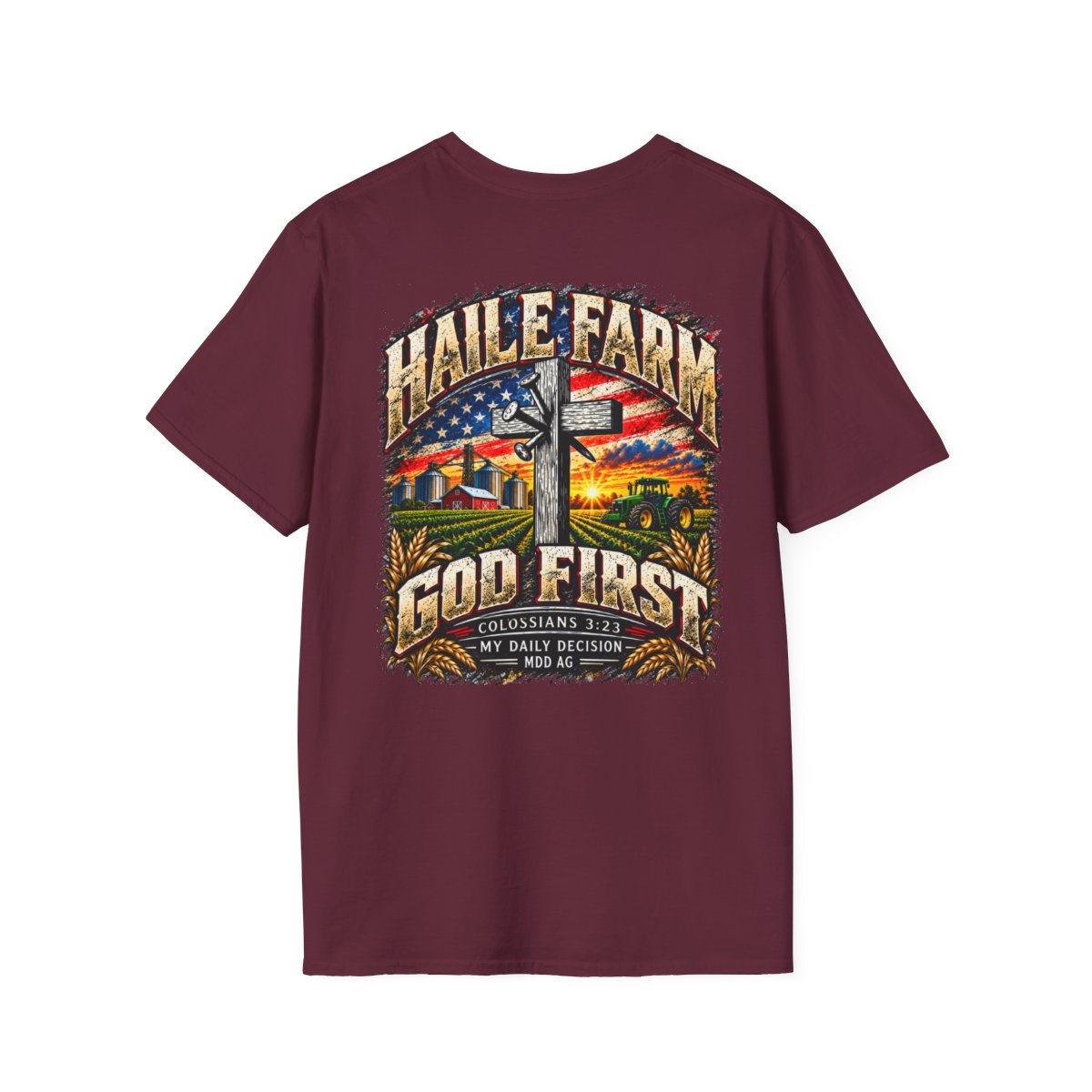 God First Farm T-Shirt - "Haile Farm" American Flag Cross Design