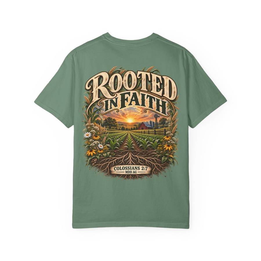 Rooted in Faith T-Shirt — "Rooted in Faith" Christian Graphic Tee (Colossians 2:7)